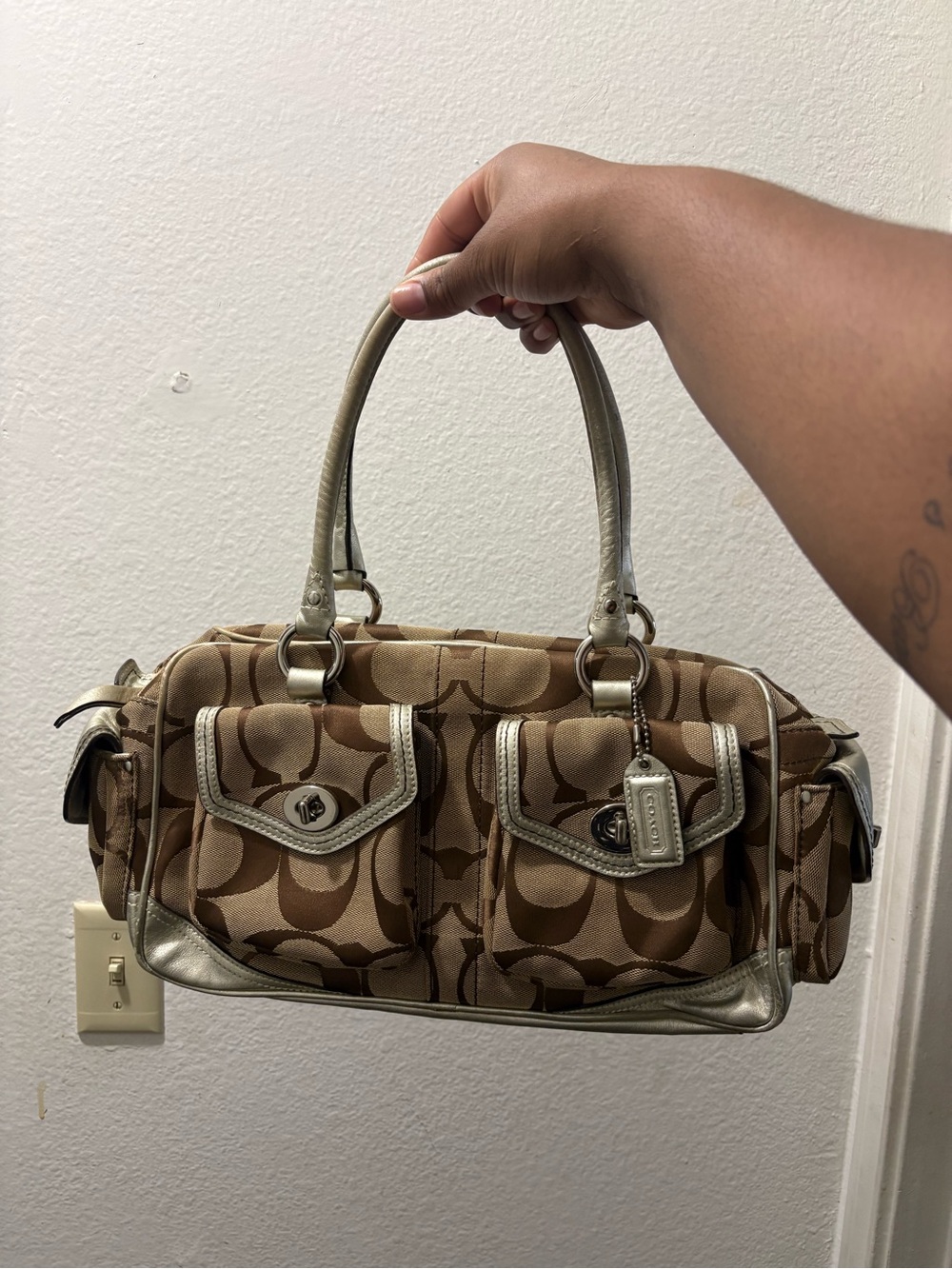 Coach Signature Canvas Shoulder Bag in Brown and Gold-Tone
